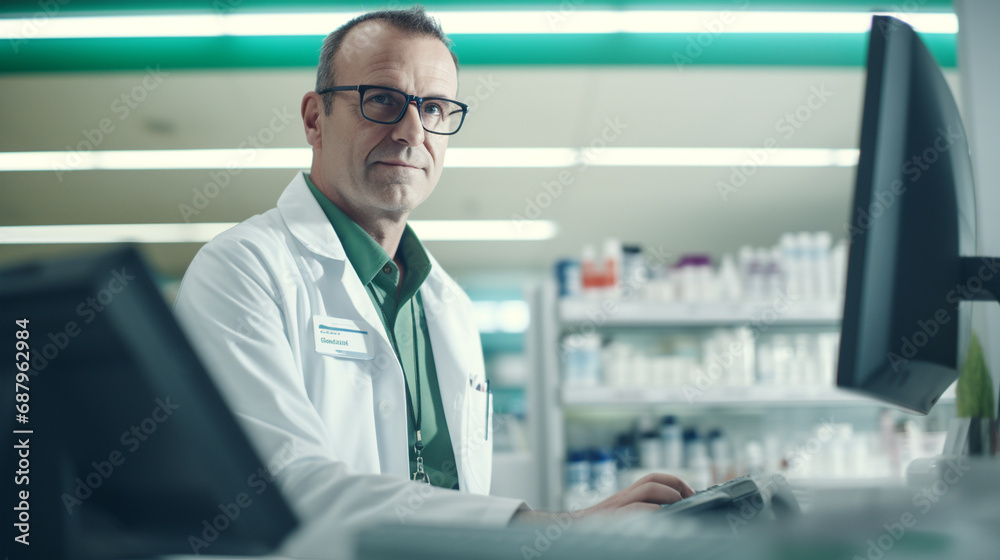 Pharmacist working in modern pharmacy.