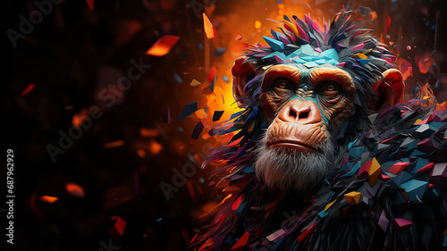 A vibrant depiction of a cubic chimpanzee, its intelligent gaze and expressive features reimagined through a visually captivating arrangement of geometric elements.
