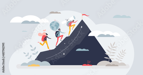 Life ambitions, relationship and work balance for gen Z tiny person concept. Life harmony with happiness objectives and career goals vector illustration. Choice between love, travel and business.