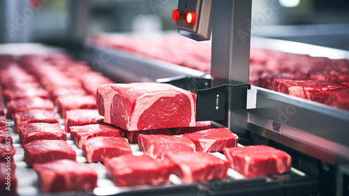 Meat processing in food industry. Raw meat cuts on a industrial conveyor belt. 