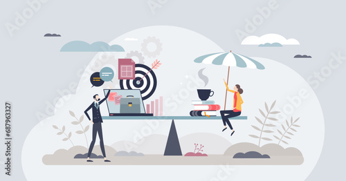 Work life balance for Gen Z with work and leisure harmony tiny person concept. Weights with professional business career objectives or personal life and wellness vector illustration. Compare priority