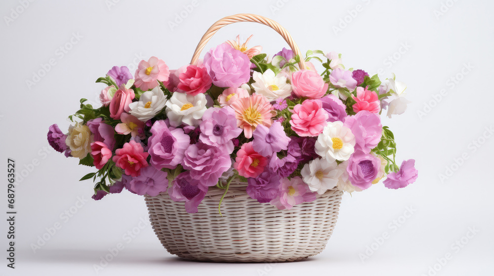 Large wicker basket with flowers on a white background. Flower shop concept.