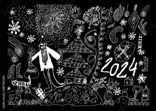 Drawing kids effect scribble poster with attributes 2024 new year in black and white. Naive scrabble style doodle collection for selebration merry Christmas and happy new year. Vector illustration