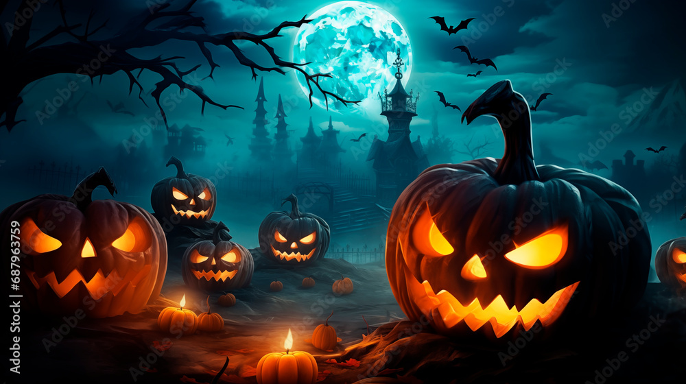 A scary castle at night on a full moon, bats flying and pumpkin-lanterns with scary faces everywhere, fog. Happy Halloween night. Dracula's castle, scary atmosphere