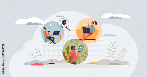 Remote work and flexibility as Gen Z employee benefits tiny person concept. New generation workforce with effective and productive working style vector illustration. Business colleague collaboration.