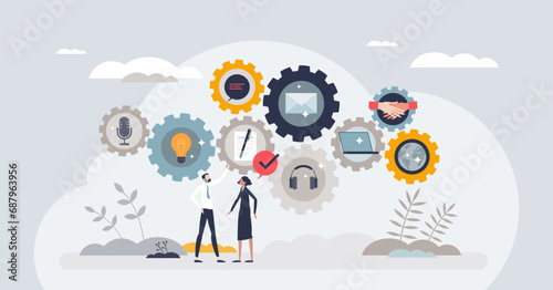 Elements of business communication and conversation tiny person concept. Partnership discussion via mail message letters and talking for successful company agreement closure vector illustration.