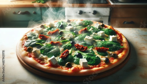 A landscape-oriented 4_3 ratio image of a fresh and steaming spinach and feta pizza. The pizza is topped with generous amounts of spinach, crumbled feta cheese