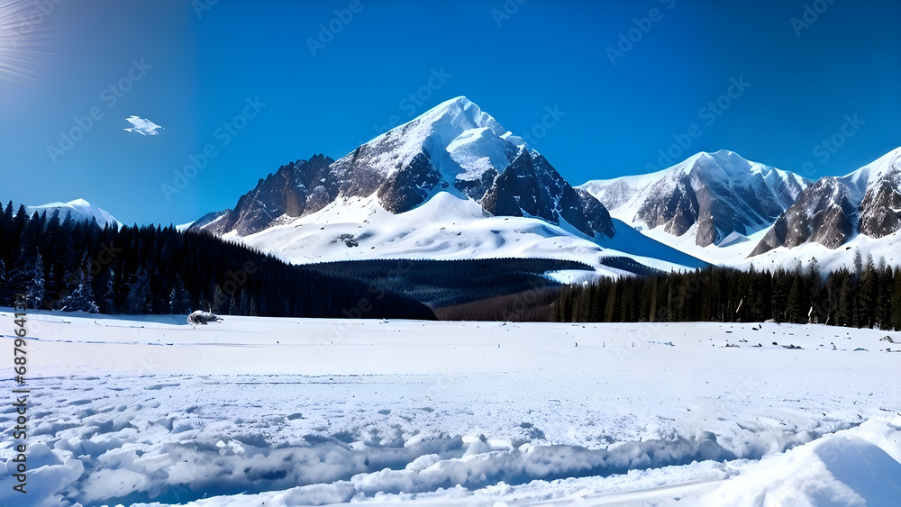 A snowy mountain landscape with a clear blue sky. generative ai