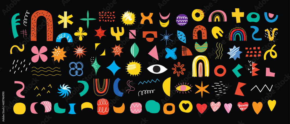 Set of abstract retro geometric doodle shapes vector. Collection of contemporary Vector illustrations and design elements perfect for banner, print, stickers, pins in cartoon 80s-90s style.