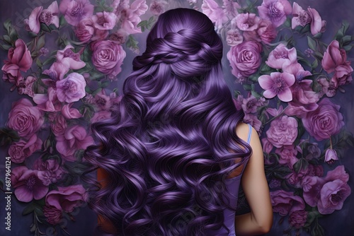 pretty woman with healthy silky curly hair purple color with flower painted background, Generative Ai photo