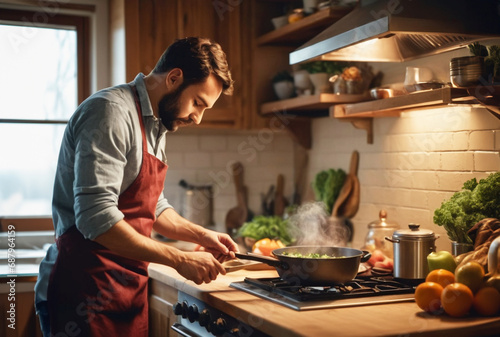 A man cooking a healthy meal in kitchen