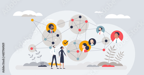 Teamwork with strong connections and business partners tiny person concept. Network mesh with contacts for cooperation or partnership vector illustration. Strength in unity and partners bonding. photo