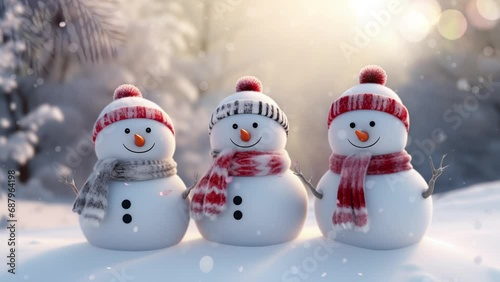 Cute baby snowman in winter landscape with scarf. seamless looping video animation 4k photo