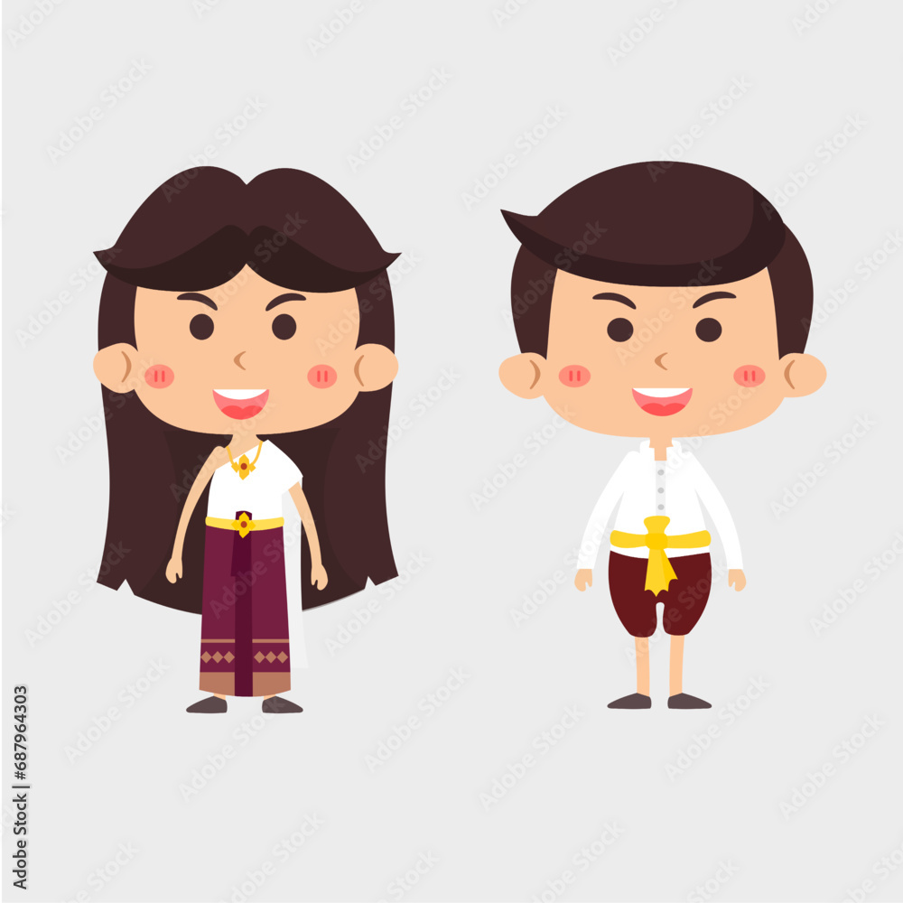 Cute couple of cartoon characters in Thai traditional costume. Cute couple of cartoon characters in Thai traditional costume.