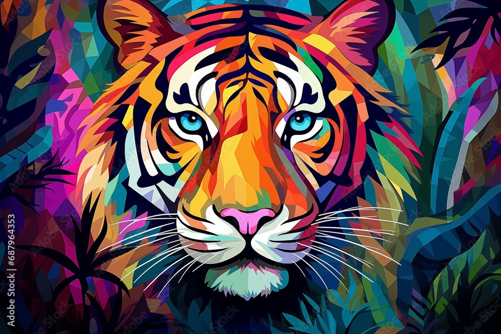 A vibrant painting of a tiger in its natural habitat, the jungle