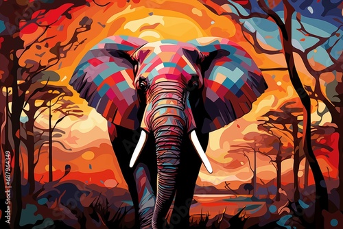 an elephant walking through the trees in front of a sunset