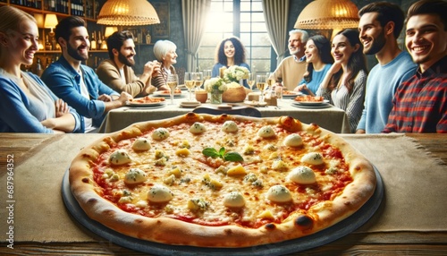 A broad landscape-oriented image featuring a four-cheese pizza in the foreground, with a group of people of different descents and genders enjoying it