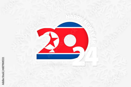 New Year 2024 for North Korea on snowflake background.