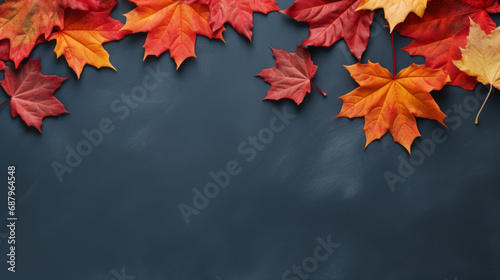 background with red maple autumn leaves over blue slate with copy space for your text