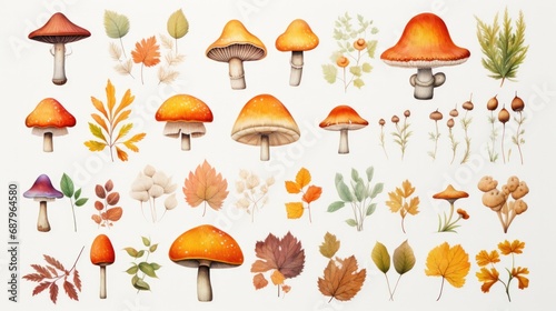 Assorted autumn mushrooms and leaves collection isolated on white background. Autumn harvest display.
