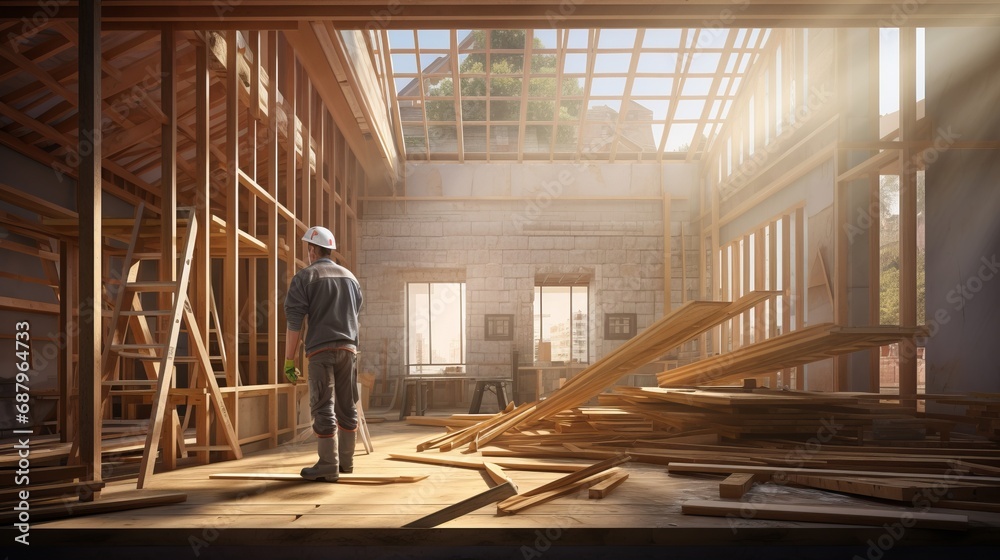 Craftsman and carpenter working on a roof truss on the construction site Craftsman and carpenter working on a roof truss on the construction site