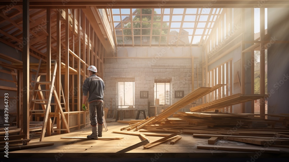 Craftsman and carpenter working on a roof truss on the construction site