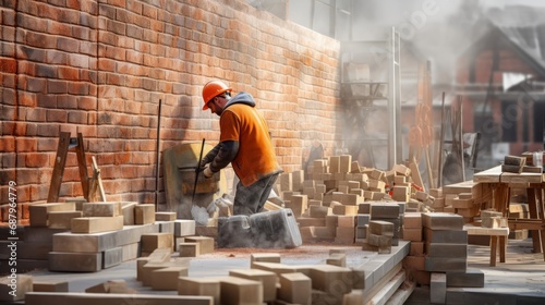 workers and craftsmen on a construction site photo