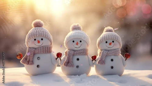 Cute baby snowman in winter landscape with cream scarf. seamless looping video animation 4k