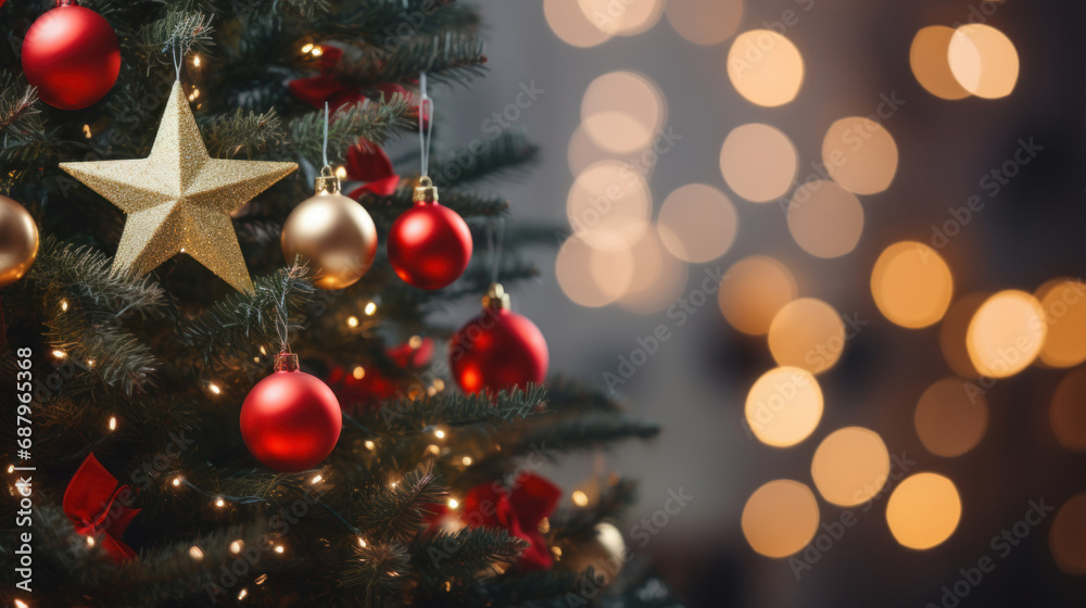 Christmas tree with red and gold baubles on bokeh background