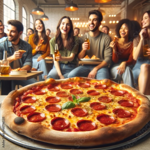 A lively scene of a pepperoni pizza in the foreground with a group of people of various descents and genders in the background, enjoying a meal together