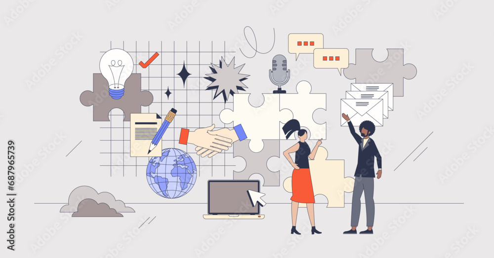 Elements of communication and business conversation retro tiny person concept. Various channels for agreement negotiation and professional teamwork management vector illustration. Contract process