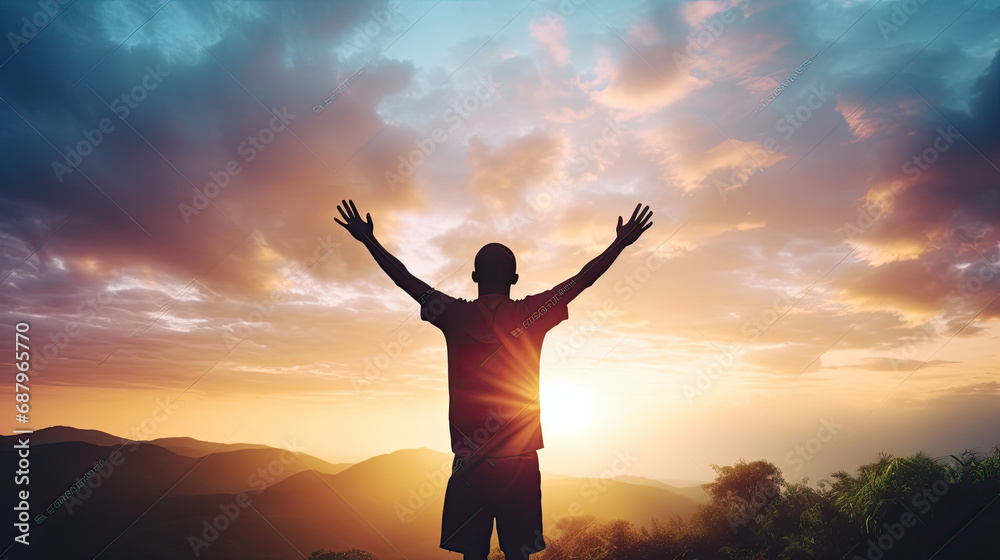 Man Raising Hand in Sunset Sky. Freedom and Travel Adventure Concept