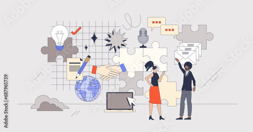 Elements of communication and business conversation retro tiny person concept. Various channels for agreement negotiation and professional teamwork management vector illustration. Contract process