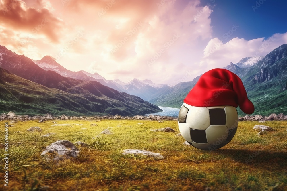 Landscape of the foot of the mountain. Close up of soccer ball with Santa hat on it and sunset. Green grass in the meadow. - obrazy, fototapety, plakaty 