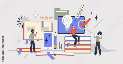 Innovation in education for effective and smart knowledge retro tiny person concept. Innovative technology usage in school, university or e-learning systems vector illustration. Study and development