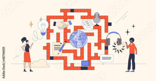 Challenges and complexities of business communication retro tiny person concept. Agreement or deal closure process with customer discussion maze vector illustration. Conversation and work management.