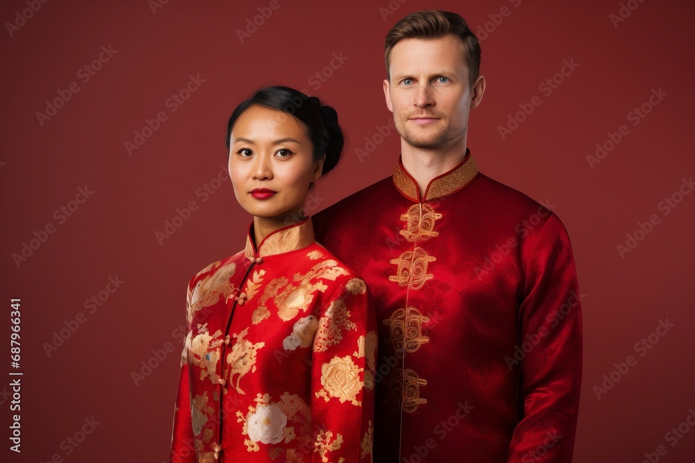 photo of American people wearing traditional Chinese clothing, one color background, copy space. generative ai photo of American people wearing traditional Chinese clothing, one color background, copy space. generative ai