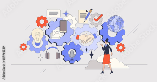 Elements of business communication and conversation retro tiny person concept. Partnership discussion via mail message letters and talking for successful company agreement closure vector illustration