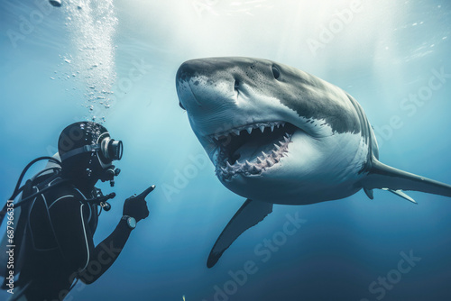 a brave diver encounters a formidable shark, showcasing the thrilling coexistence of humans and dangerous wildlife beneath the waves. © EdNurg