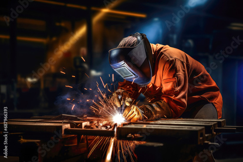 A worker in a protective mask demonstrating precision and skill in metal welding, prioritizing safety in the workplace.