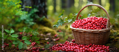Ripe cranberries gathered in a wooden basket, a vibrant burst of color from the forest's autumn bounty.
