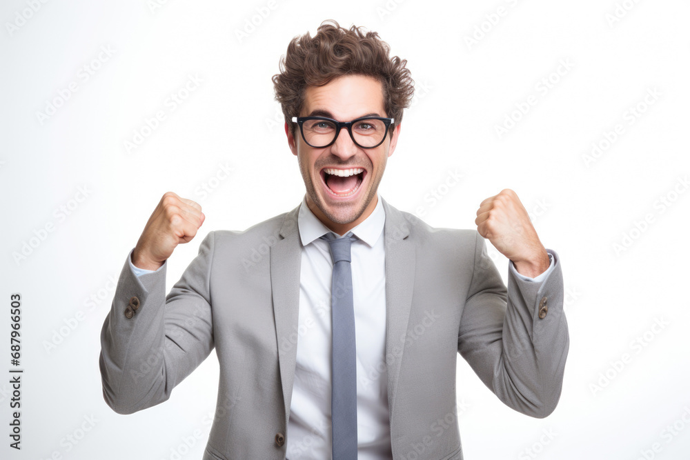 Young and Attractive Businessman Celebrating Success with Raised Arms and a Winning Smile. Young and Attractive Businessman Celebrating Success with Raised Arms and a Winning Smile.
