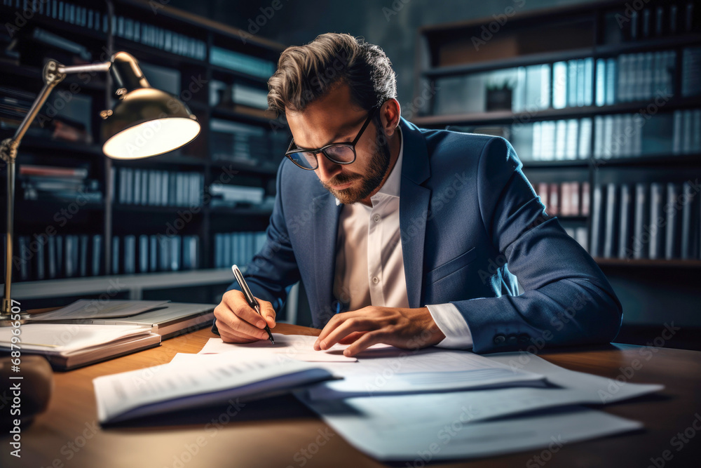 A Male Manager Focused on Financial Reports and Documents, Working Diligently at His Desk. A Male Manager Focused on Financial Reports and Documents, Working Diligently at His Desk.