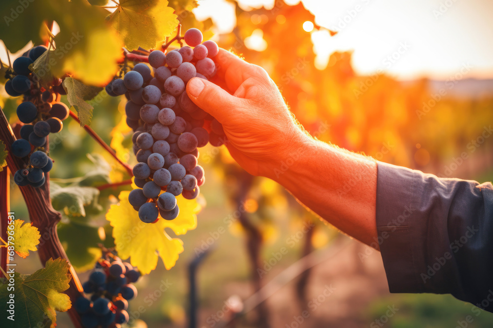 A close view of a farmer's hand holding ripe grapes on the vine, highlighting the agricultural beauty of the rural winemaking process. - obrazy, fototapety, plakaty 