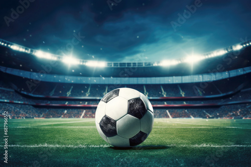 A soccer ball Illuminated by Spotlight in a Stadium, during a football Match. © EdNurg