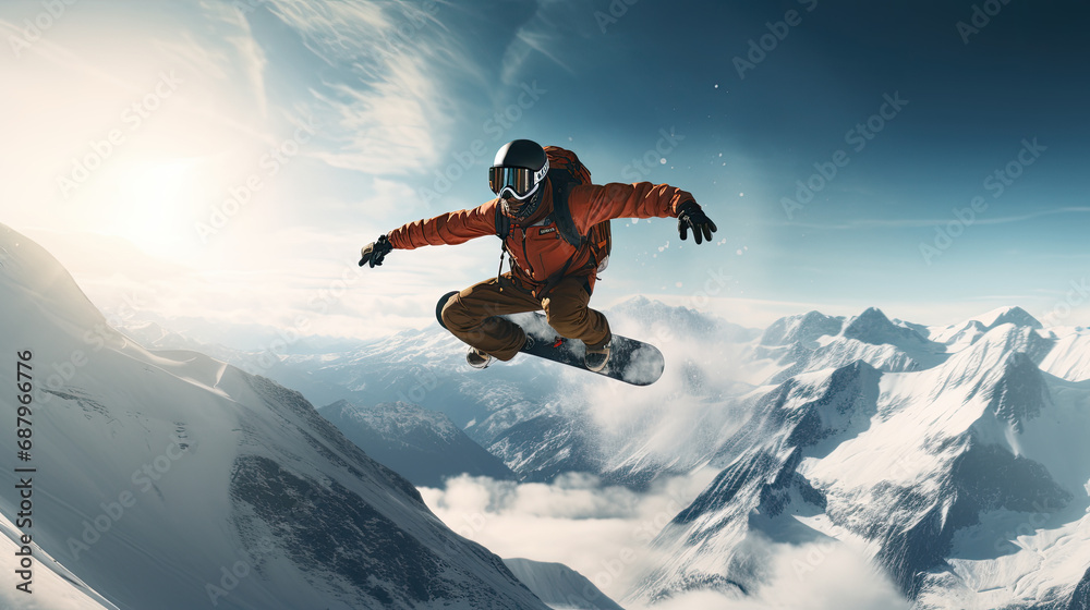 Extreme Snowboarding Jump Stunts. Men’s Mountain Adventure