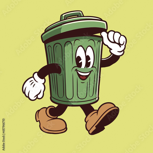 funny cartoon trash bin, metal dumpster mascot, walking and smiling, isolated on yellow