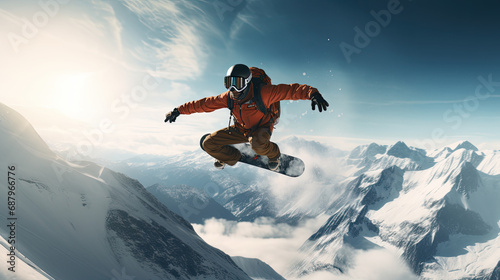 Extreme Snowboarding Jump Stunts. Men’s Mountain Adventure photo