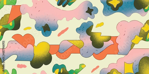 90s style retro seamless pattern with geometric shapes. Multi colored curved spots. Stained pattern with grainy texture. Risograph style background with layering and shifting shapes