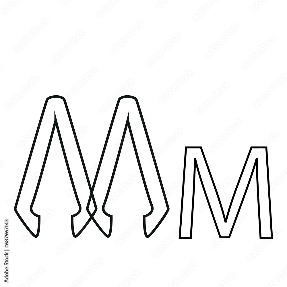 letter design in the form of two medical tweezers folded in the shape of the letter M, drawn in line art style letter design in the form of two medical tweezers folded in the shape of the letter M, drawn in line art style